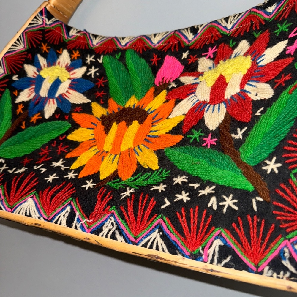 Vintage 1960's Rattan Embroidered Bohemian Beach Travel Tote Bag - Picture 3 of 8